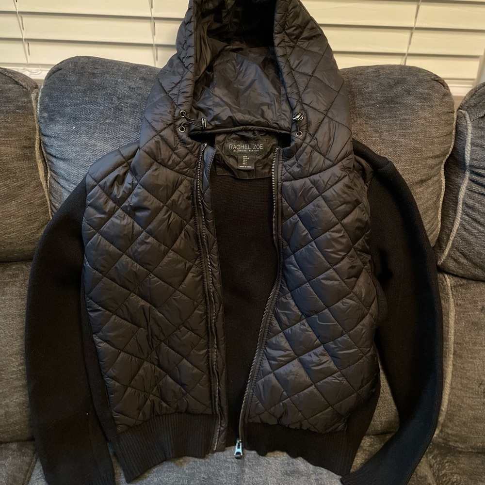 Rachel Zoe Black Puffer Jacket with Hood and Quilted Design